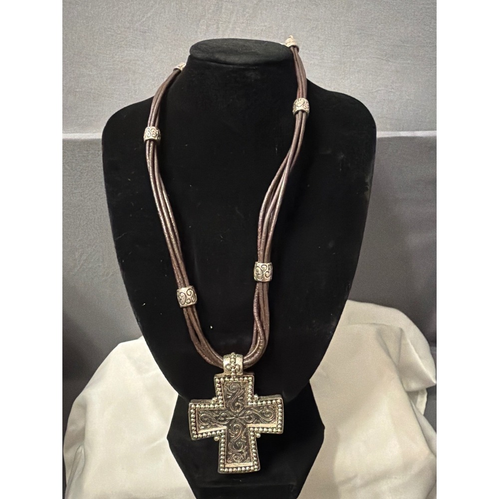 Premier Designs Multi Strand Brown Cord Silver Tone Cheyenne Cross Necklace